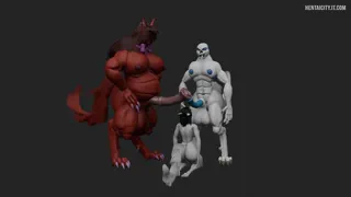 Two large monsters with horsecocks and a petite wolf girl