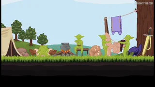 Pixel animation of an adventure camp taken over by gobos (Gooeyforgames)