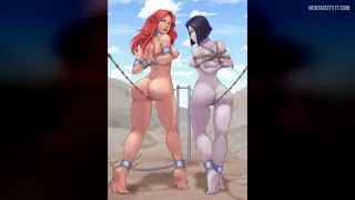 Starfire and Raven in bondage rope walking training (Guaky)